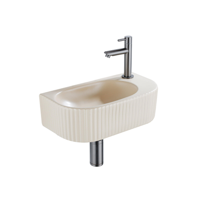 QeramiQ Fuente Fonteinset - 40x21.5x12cm - rechts - geribbeld - halfrond - 1 kraangat - keramiek - fonteinkraan gunmetal - afvoerplug - verlaagd sifon - beige