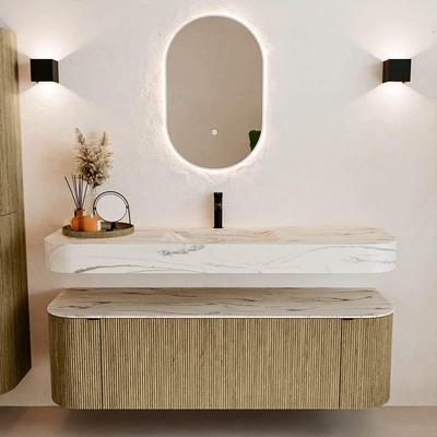 MONDIAZ THOR-DLUX 150cm meuble de salle de bains arrondi gauche + droite couleur Dusk avec 1 tiroir et 2 portes. Vasque suspendue CLOUD Milieu 1 trou de robinet couleur Nata.