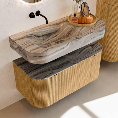 MONDIAZ THOR-DLUX 100cm badmeubel ronding links + rechts kleur Oak met 1 lade en 2 deuren. Vrijhangende wastafel CLOUD Links zonder kraangat kleur Sombra.