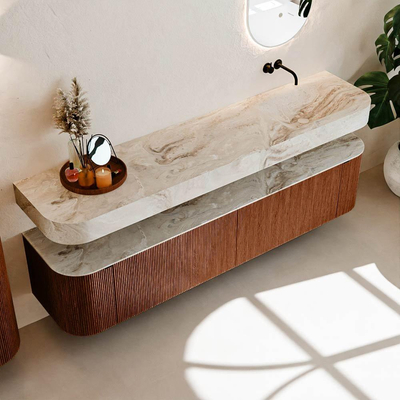 MONDIAZ THOR-DLUX 200cm meuble de salle de bains arrondi gauche + droite couleur Ruby avec 2 tiroirs et 2 portes. Vasque suspendue CLOUD Droite sans trou de robinet couleur Frappe.