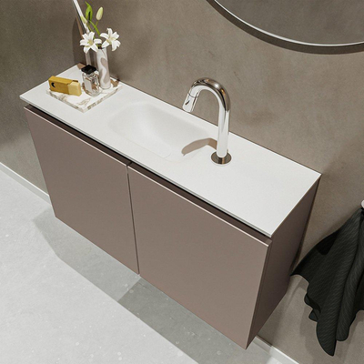 MONDIAZ TURE Kit lave-mains - 80x23x50cm - 1 trou de robinet - 2 portes - fumée mate - Lavabo central - Solid Surface Blanc