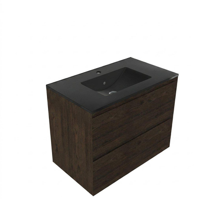 Saniclass Holz Pure Ensemble meuble de salle de bains - 80x45x62cm - Vasque Vygo en céramique noire - 1 vasque - 1 trou de robinetterie - 2 tiroirs - chêne charcoal mat (bois)