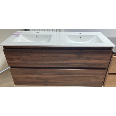Saniclass Vita Badkameronderkast - 120cm - 2 lades - greeploos - noten - incl. keramische wastafel wit - 2 kraangaten - OUTLET UDEN