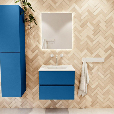 Mondiaz VICA Ensemble de meuble de salle de bain - 60cm - meuble sous-vasque jeans - 2 tiroirs - lavabo denia milieu - 1 trou de robinet - version haute de 60cm - blanc brillant