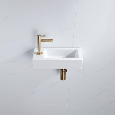 FugaFlow Efficiente Pietra Ensemble de fontaine - 37,5x18,5x9cm - céramique - trou de robinet à gauche - robinet de fontaine en laiton brossé - bouchon de vidange - siphon abaissé - Blanc brillant