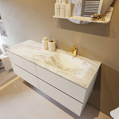 Mondiaz VICA-DLUX Ensemble de meuble de salle de bain - 130cm - meuble sous-vasque lin - 4 tiroirs - lavabo encastrée nuage droite - 1 trou de robinet - version haute de 60cm - glace