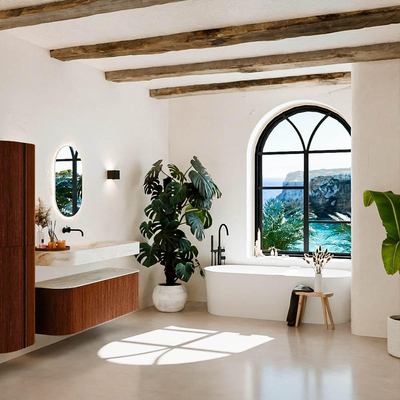 MONDIAZ THOR-DLUX 140cm meuble de salle de bains arrondi gauche + droite couleur Ruby avec 1 tiroir et 2 portes. Vasque suspendue CLOUD Milieu sans trou de robinet couleur Ostra.