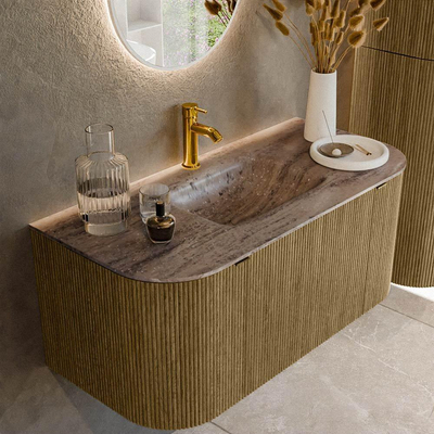 MONDIAZ KURVE-DLUX Meuble de salle de bains 100cm arrondi Gauche + Droite couleur Dusk avec 1 tiroir et 2 portes. Lavabo GRUNNE Central 1 trou de robinet Oza.