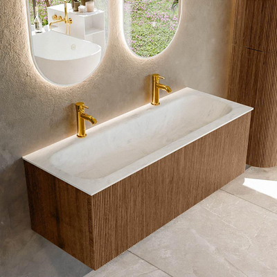 MONDIAZ KURVE-DLUX 120cm Meuble salle de bain - couleur Walnut - 1 tiroir - vasque BIG LARGE centre - 2 trous de robinet - couleur Opalo