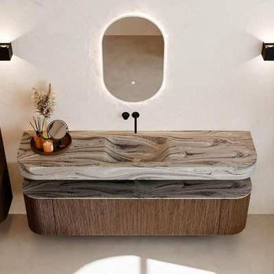 MONDIAZ THOR-DLUX 180cm badmeubel ronding links + rechts kleur Walnut met 2 lades en 2 deuren. Vrijhangende wastafel CLOUD Midden zonder kraangat kleur Sombra.