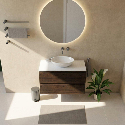 Saniclass Holz Pure Ensemble meuble de salle de bains - 100x45x62.5cm - plan de travail Torino en solid surface blanc - sans trou de robinetterie - 2 tiroirs - chêne charcoal mat (bois)