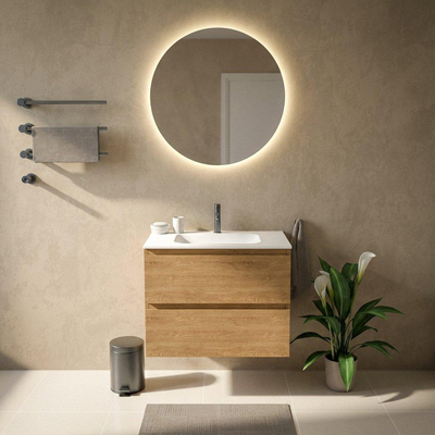 Saniclass Holz Pure Ensemble de meubles de salle de bains - 80x45x61.5cm - Flow lavabo en solid surface blanc - 1 vasque - 1 trou de robinet - 2 tiroirs - chêne natural mat (bois)