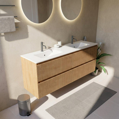 Saniclass Holz Atelier Ensemble de meubles de salle de bains - 160x45x62cm - Vasque Vygo en céramique blanche - 2 vasques - 2 trous de robinetterie - 4 tiroirs - chêne natural mat (bois)
