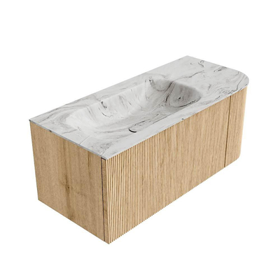 MONDIAZ KURVE-DLUX 105cm Meuble salle de bain avec module 25 D - couleur Oak - 1 tiroir - 1 porte - vasque BIG SMALL gauche - 1 trou de robinet - couleur Glace