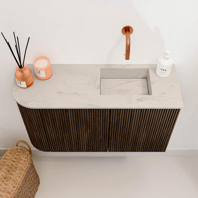 Mondiaz JOYA-DLUX 71.6cm toiletmeubel - ronding links kleur Walnut - Wastafel FAYE positie Rechts Zonder kraangat kleur Opalo.