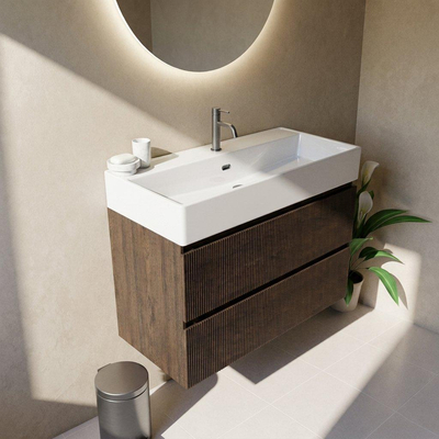 Saniclass Holz Atelier Ensemble meuble de salle de bains - 100x45x72cm - lavabo Legend en céramique blanc - 1 vasque - 1 trou de robinetterie - 2 tiroirs - chêne charcoal mat (bois)