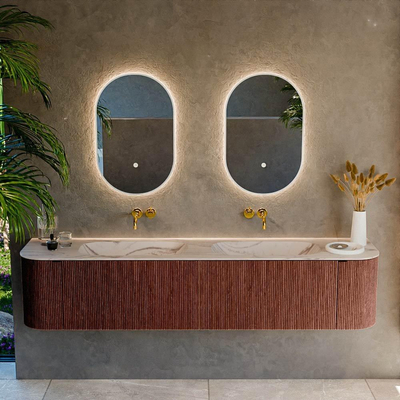 MONDIAZ KURVE-DLUX Meuble de salle de bains 200cm arrondi Gauche + Droite couleur Ruby avec 2 tiroirs et 2 portes. Plan-vasque STOR SMALL Double sans trou de robinet Nata.