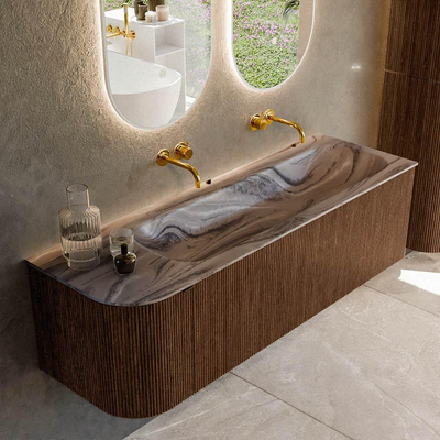 MONDIAZ KURVE-DLUX Meuble de salle de bains 145cm arrondi à gauche couleur Walnut avec 1 tiroir et 1 porte. Lavabo BIG LARGE à droite sans trou de robinet Sombra.