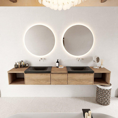 MONDIAZ BUKLA 240cm ensemble de meuble avec module ouvert 40 L+R couleur Chêne blanchi avec 3 tiroirs. Lavabo CLOUD double 0 trou de robinet couleur Urbain.