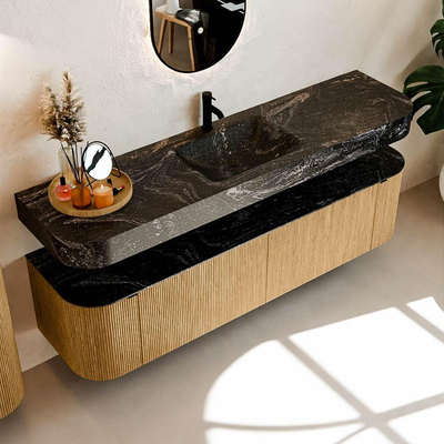 MONDIAZ THOR-DLUX 180cm meuble de salle de bains arrondi gauche + droite couleur Oak avec 2 tiroirs et 2 portes. Vasque suspendue CLOUD Milieu 1 trou de robinet couleur Lava.