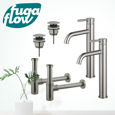 FugaFlow Eccelente Sobrado Badkamer Wastafelkraanset - voor dubbele wastafel - verhoogde wastafelkraan - klikwaste plug - design sifon - PVD Geborsteld RVS
