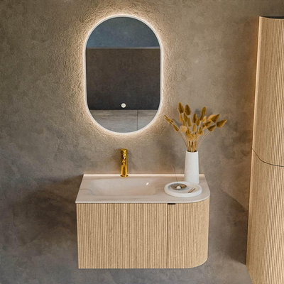 MONDIAZ KURVE-DLUX 75cm meuble de salle de bains arrondi droit couleur chêne avec 1 tiroir et 1 porte. Lavabo GRUNNE gauche 1 trou de robinet Meli.