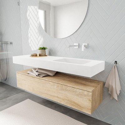 MONDIAZ ALAN 150cm - onderkast - washed oak - 1 lade - vrijhangende wastafel - wasbak rechts - 0 kraangaten - talc