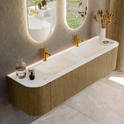 Mondiaz KURVE-DLUX Badkamermeubelset - 180x46x40cm - 2 lade - 2 deuren - wastafel solid surface - dubbel - 2 kraangaten - Dusk