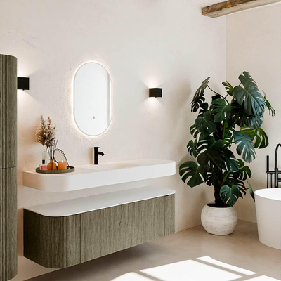 MONDIAZ THOR 150cm meuble de salle de bains arrondi gauche + droite couleur Shadow avec 1 tiroir et 2 portes. Vasque suspendue CLOUD Milieu 1 trou de robinet couleur Talc.