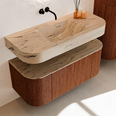 MONDIAZ THOR-DLUX 110cm meuble de salle de bains arrondi gauche + droite couleur Ruby avec 1 tiroir et 2 portes. Vasque suspendue CLOUD Milieu sans trou de robinet couleur Arena.