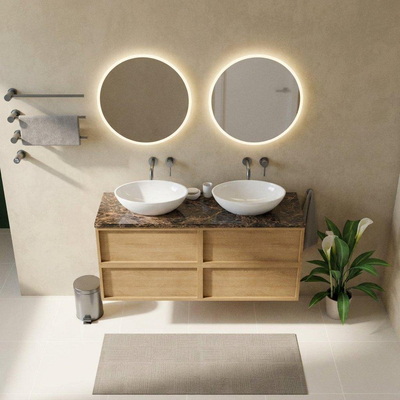 Saniclass Holz Frame Ensemble de meubles de salle de bains - 140x45x63cm - Plan de travail en pierre naturelle Noche dark emperador - sans trou de robinet - 4 tiroirs - chêne natural mat (bois)