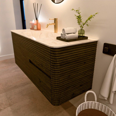 Mondiaz CIRO-DLUX Badkamermeubelset - 120x45x50cm - Solid surface wastafel Ostra - 1 wasbak Midden - 1 kraangat - 2 lades - Shadow