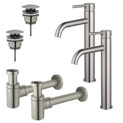 FugaFlow Eccelente Sobrado Kit robinet lavabo - pour double vasque - robinet rehaussé - bonde clic clac - siphon design bas - Inox brossé PVD