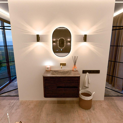 Mondiaz CIRO-DLUX Badkamermeubelset - 80x45x50cm - Solid surface wastafel Oza - 1 wasbak Midden - zonder kraangaten - 2 lades - Walnut