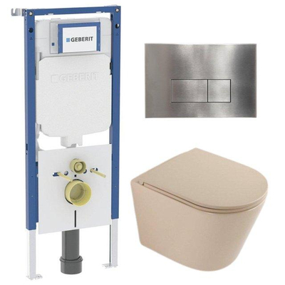 QeramiQ Dely Toiletset - 36.3x51.7cm - diepspoel - rimless - Geberit UP720 inbouwreservoir - softclose toilet zitting - steel bedieningsplaat - rechthoekige knoppen - mat beige