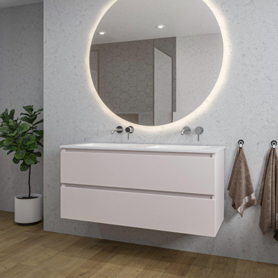 Saniclass Chaci Meuble de salle de bain - 120x46x55cm - lavabo en céramique blanc - 2 vasques - sans trous de robinet - 2 tiroirs - ronde miroir avec éclairage - mat cotton (beige)