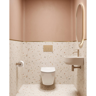 QeramiQ Dely Pack WC suspendu - 36.3x51.7cm - sans bride - bâti-support Geberit UP320 - abattant softclose - plaque de commande beige - boutons rectangulaires - blanc mat
