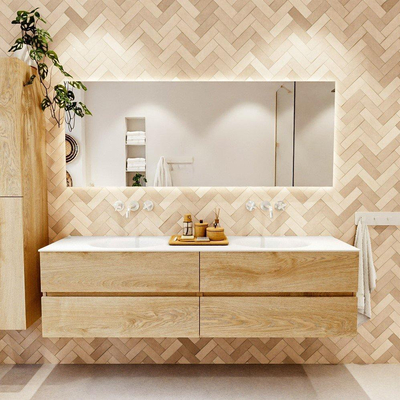 Mondiaz VICA Ensemble meuble de salle de bains - 180x50x45cm - 4 trioirs - Lavabo talc - double vasque - sans trou pour robinet - Washed Oak