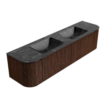 MONDIAZ KURVE-DLUX 180cm badmeubel met module 25 Len R kleur Walnut met 2 lades en 2 deuren. Wastafel LEAF dubbel 2 kraangaten kleur Lava.