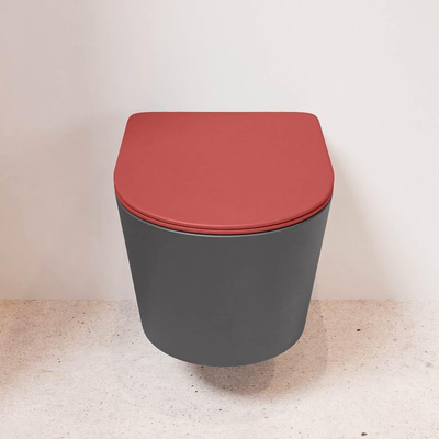 Mondiaz LAVIE hangtoilet – spoelrandloos – 36 x 53 cm – met softclose zitting – Dark grey (grijs), zitting Fire (rood)