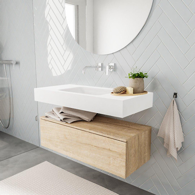 MONDIAZ ALAN 100cm - armoire sous-vasque - chêne blanchi - 1 tiroir - lavabo suspendu - vasque au centre - 0 trous de robinet - talc