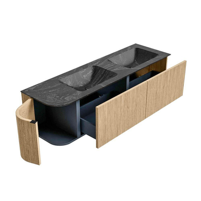 MONDIAZ KURVE-DLUX Meuble de salle de bains 155 cm avec module 25 L couleur Chêne avec 2 tiroirs et 1 porte. Lavabo LEAF double / droite sans trou de robinet couleur Lava.