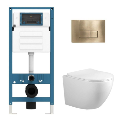 Adema Salina 2.0 Ensemble WC - 48.5x36x32cm - cuvette profonde - sans bride - réservoir encastré QeramiQ - softclose - quickrelease - abattant WC - plaque de commande métallique or brossé - boutons rectangulaires - blanc