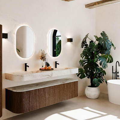 MONDIAZ THOR-DLUX 180cm meuble de salle de bains arrondi gauche + droite couleur Walnut avec 2 tiroirs et 2 portes. Vasque suspendue CLOUD Double 2 trous de robinet couleur Frappe.