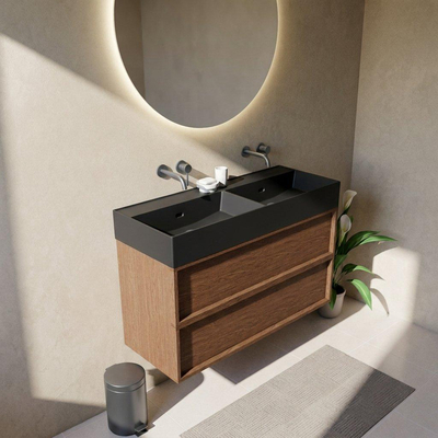 Saniclass Holz Frame Ensemble meuble de salle de bains - 120x45x72cm - Lavabo Legend en céramique noir mat - 2 vasques - sans trous de robinet - 2 tiroirs - walnut pure mat (bois)
