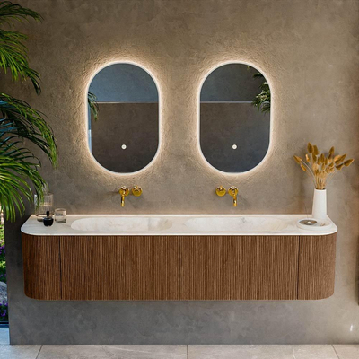 MONDIAZ KURVE-DLUX 190cm Meuble salle de bain avec module 25 G et D - couleur Walnut - 2 tiroirs - 2 portes - vasque STOR SMALL double - sans trou de robinet - couleur Ostra