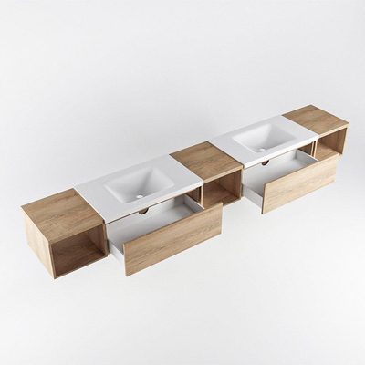 MONDIAZ BUKLA 280cm badmeubel met open module 40 L+M+R kleur Washed Oak met 2 lades. Wastafel CLOUD dubbel 2 kraangaten kleur Talc.