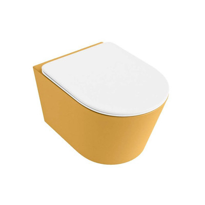 Mondiaz LAVIE hangtoilet – spoelrandloos – 36 x 53 cm – met softclose zitting – Ocher (geel), zitting Talc (wit)