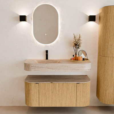 MONDIAZ THOR-DLUX 110cm badmeubel ronding links + rechts kleur Oak met 1 lade en 2 deuren. Vrijhangende wastafel CLOUD Links 1 kraangat kleur Saba.