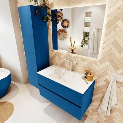 Mondiaz VICA ensemble de meuble de salle de bain - 90cm - meuble sous-vasque jeans - 2 tiroirs - lavabo cloud milieu - 1 trou de robinet - couleur talc - miroir LED - version XL 60cm de haut